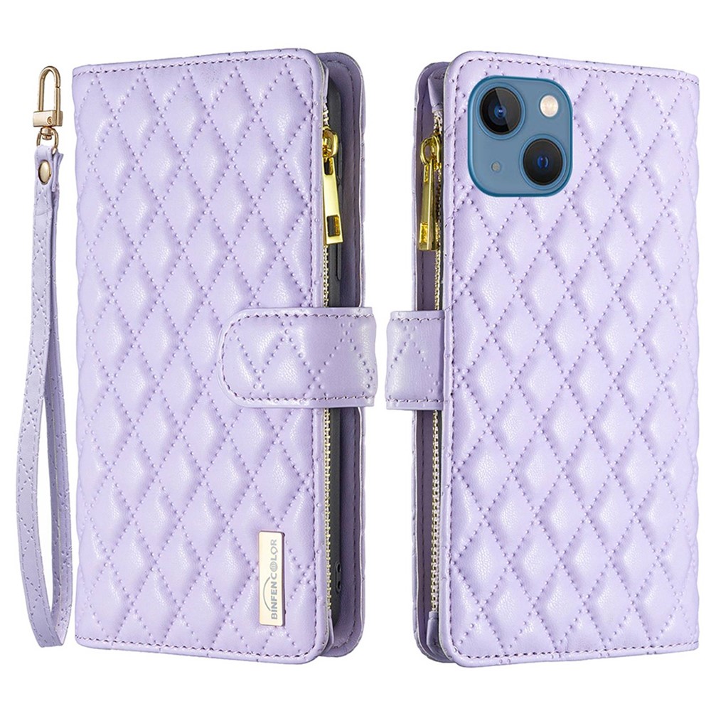 BINFEN COLOR BF Style-15 for iPhone 13 mini 5.4 inch Zipper Pocket Rhombus Pattern Imprinted Phone Case Matte PU Leather Wallet Stand Shell - Purple