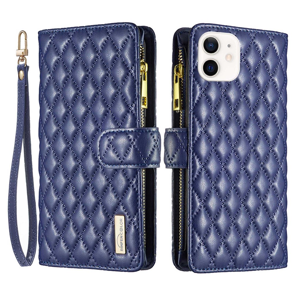 BINFEN COLOR BF Style-15 for iPhone 12 mini 5.4 inch Zipper Pocket Imprinting Rhombus Pattern Matte PU Leather Phone Case with Wallet Stand - Blue