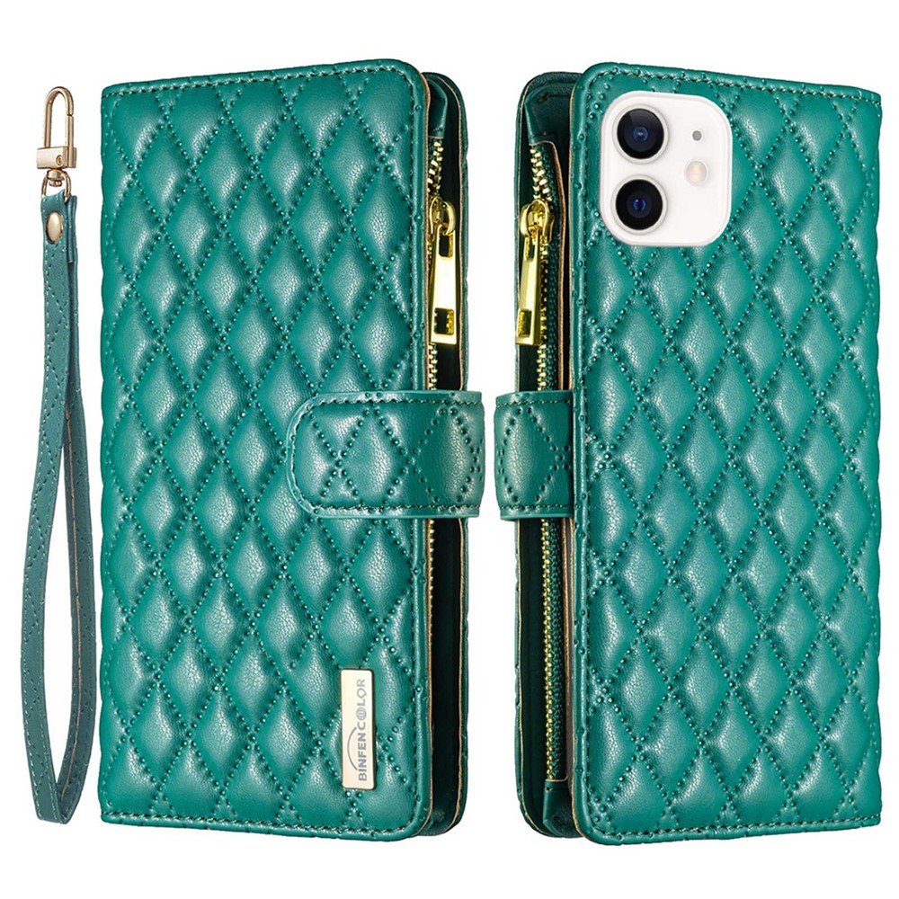 BINFEN COLOR BF Style-15 for iPhone 12 mini 5.4 inch Zipper Pocket Imprinting Rhombus Pattern Matte PU Leather Phone Case with Wallet Stand - Green