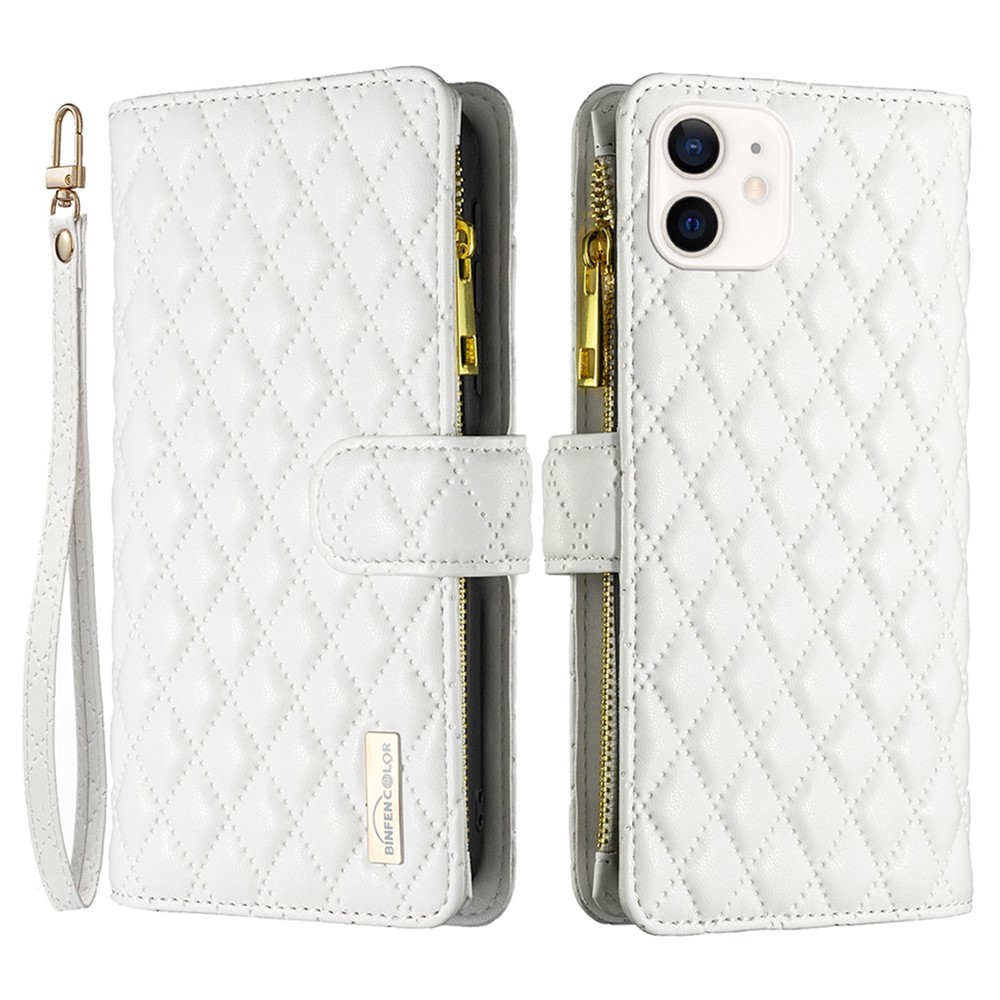 BINFEN COLOR BF Style-15 for iPhone 12 mini 5.4 inch Zipper Pocket Imprinting Rhombus Pattern Matte PU Leather Phone Case with Wallet Stand - White
