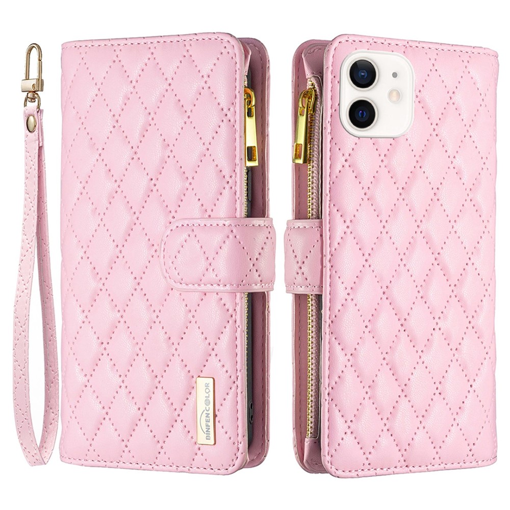 BINFEN COLOR BF Style-15 for iPhone 12 mini 5.4 inch Zipper Pocket Imprinting Rhombus Pattern Matte PU Leather Phone Case with Wallet Stand - Pink