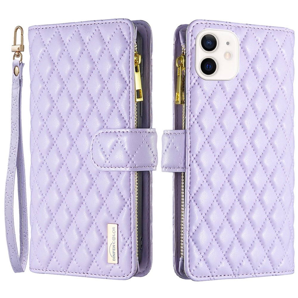 BINFEN COLOR BF Style-15 for iPhone 12 mini 5.4 inch Zipper Pocket Imprinting Rhombus Pattern Matte PU Leather Phone Case with Wallet Stand - Purple