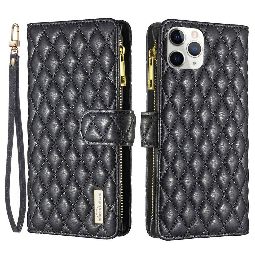 BINFEN COLOR BF Style-15 for iPhone 11 Pro Max 6.5 inch Zipper Pocket PU Leather Stand Wallet Phone Case Imprinting Rhombus Pattern Matte Cover - Black-1
