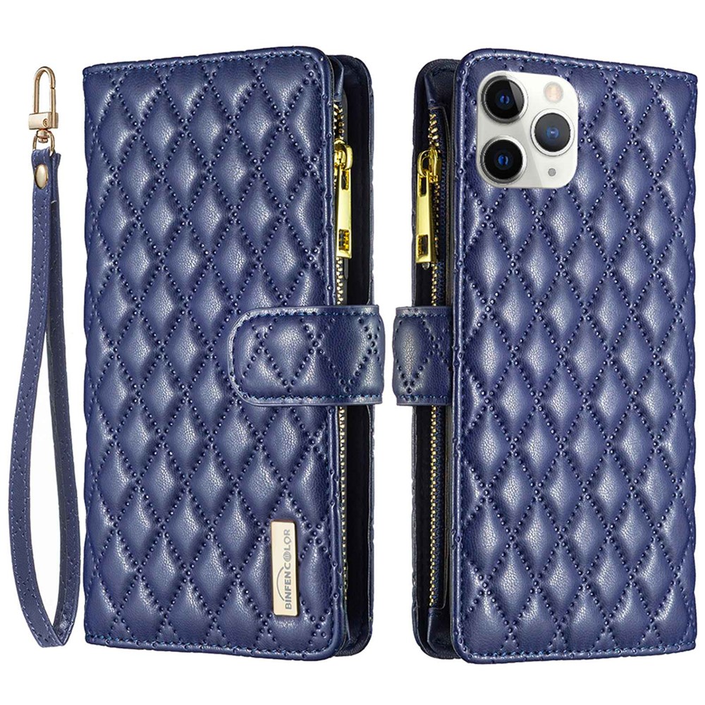 BINFEN COLOR BF Style-15 for iPhone 11 Pro Max 6.5 inch Zipper Pocket PU Leather Stand Wallet Phone Case Imprinting Rhombus Pattern Matte Cover - Blue