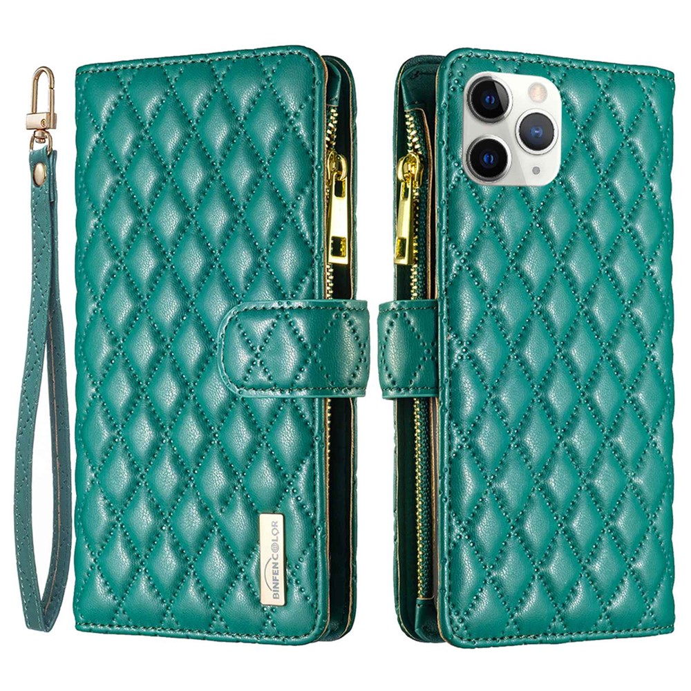 BINFEN COLOR BF Style-15 for iPhone 11 Pro Max 6.5 inch Zipper Pocket PU Leather Stand Wallet Phone Case Imprinting Rhombus Pattern Matte Cover - Green
