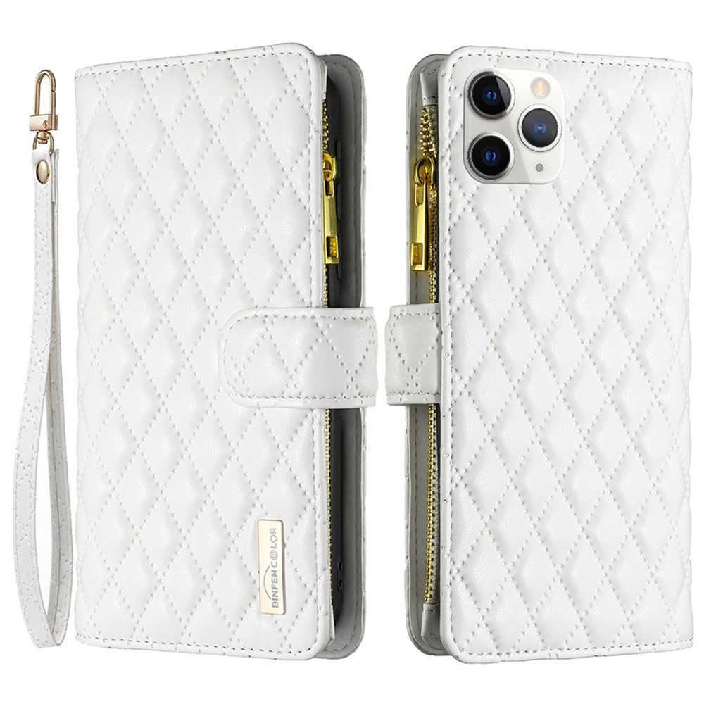 BINFEN COLOR BF Style-15 for iPhone 11 Pro Max 6.5 inch Zipper Pocket PU Leather Stand Wallet Phone Case Imprinting Rhombus Pattern Matte Cover - White