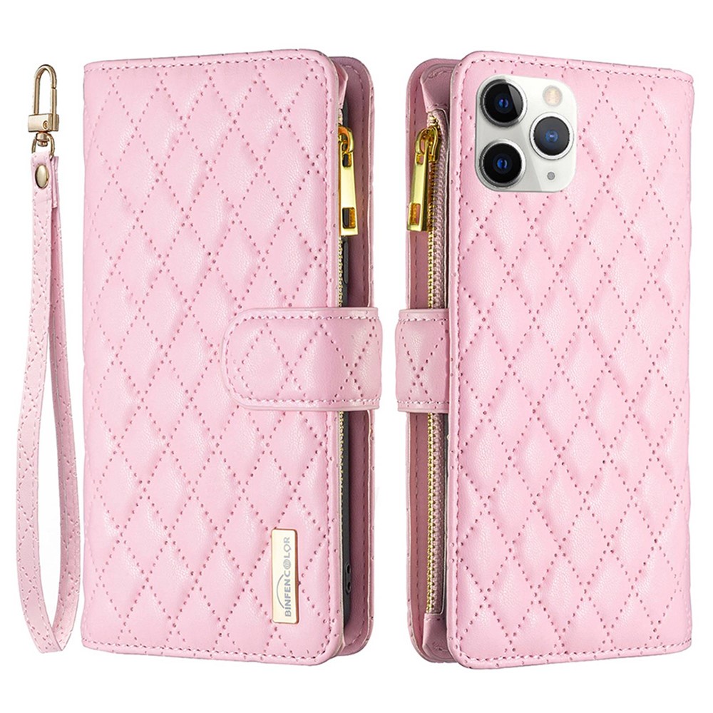BINFEN COLOR BF Style-15 for iPhone 11 Pro Max 6.5 inch Zipper Pocket PU Leather Stand Wallet Phone Case Imprinting Rhombus Pattern Matte Cover - Pink