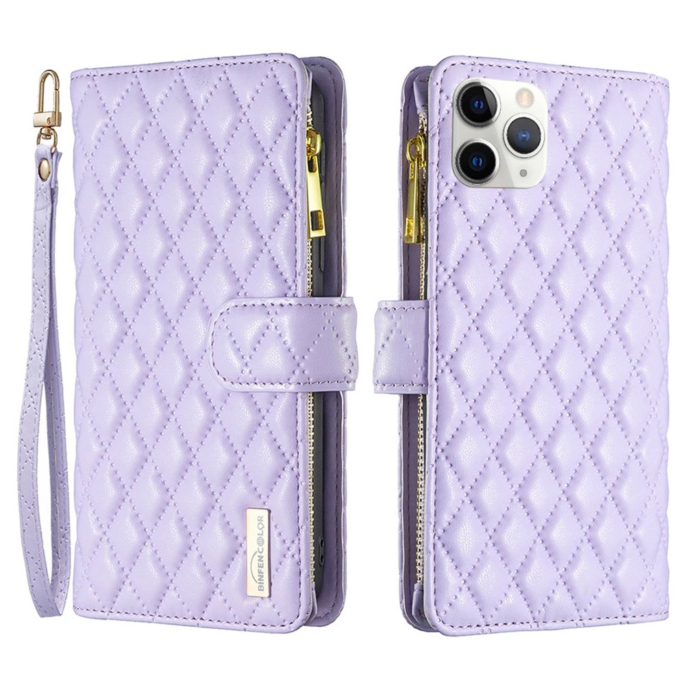 BINFEN COLOR BF Style-15 for iPhone 11 Pro Max 6.5 inch Zipper Pocket PU Leather Stand Wallet Phone Case Imprinting Rhombus Pattern Matte Cover - Purple