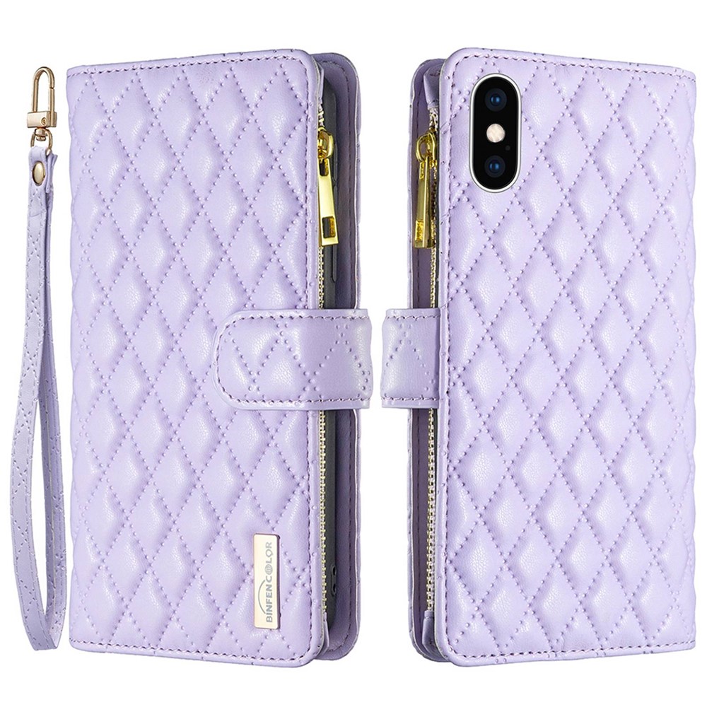 BINFEN COLOR BF Style-15 for iPhone XS Max 6.5 inch Zipper Pocket PU Leather Stand Wallet Case Anti-scratch Matte Rhombus Pattern Imprinted Phone Cover - Purple
