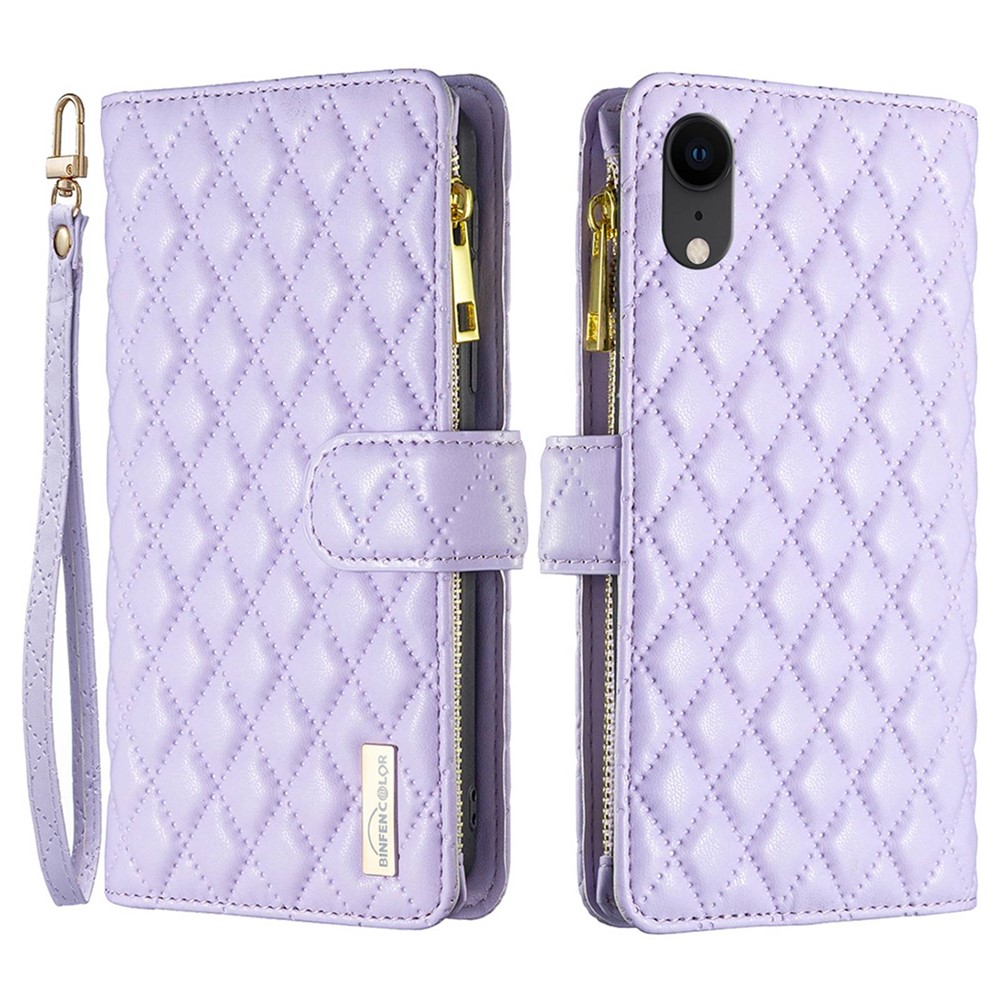 BINFEN COLOR BF Style-15 Zipper Pocket Case for iPhone XR 6.1 inch, PU Leather Stand Wallet Matte Rhombus Pattern Imprinted Phone Cover - Purple