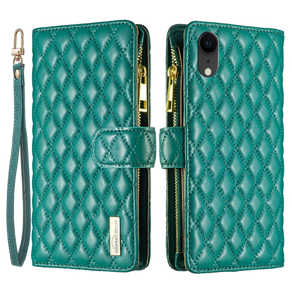 BINFEN COLOR BF Style-15 Zipper Pocket Case for iPhone XR 6.1 inch, PU Leather Stand Wallet Matte Rhombus Pattern Imprinted Phone Cover - Green