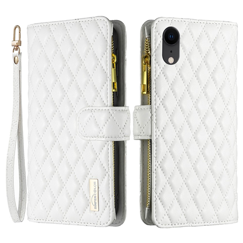 BINFEN COLOR BF Style-15 Zipper Pocket Case for iPhone XR 6.1 inch, PU Leather Stand Wallet Matte Rhombus Pattern Imprinted Phone Cover - White