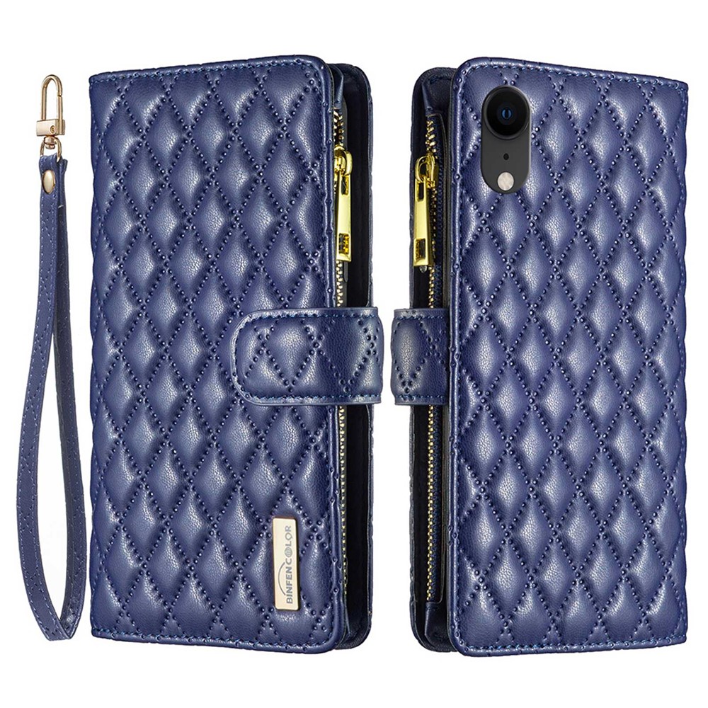 BINFEN COLOR BF Style-15 Zipper Pocket Case for iPhone XR 6.1 inch, PU Leather Stand Wallet Matte Rhombus Pattern Imprinted Phone Cover - Blue