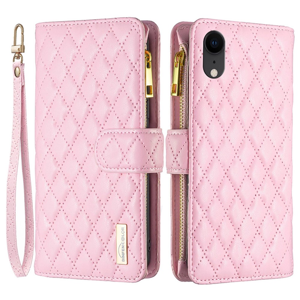 BINFEN COLOR BF Style-15 Zipper Pocket Case for iPhone XR 6.1 inch, PU Leather Stand Wallet Matte Rhombus Pattern Imprinted Phone Cover - Pink