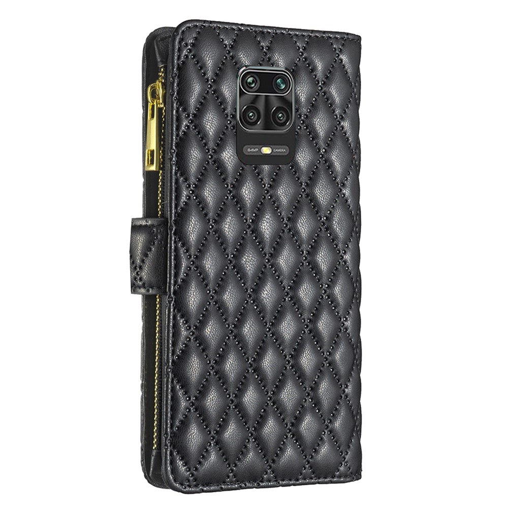 BINFEN COLOR for Xiaomi Redmi Note 9 Pro 4G / Note 9 Pro Max 4G / Note 9S 4G BF Style-15 Wallet Design Magnetic Closing Imprinted Rhombus Pattern Matte PU Leather Zipper Pocket Phone Case - Black-8
