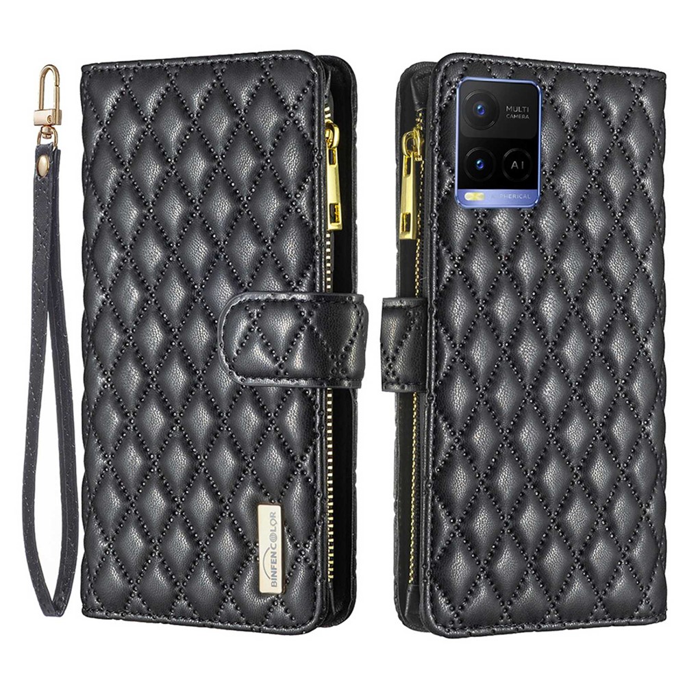 BINFEN COLOR BF Style-15 Phone Cover for vivo Y21 / Y21s / Y33s, Zipper Pocket Design Imprinted Rhombus Pattern Matte Anti-drop Cover PU Leather Wallet Folio Flip Mobile Phone Case - Black-1