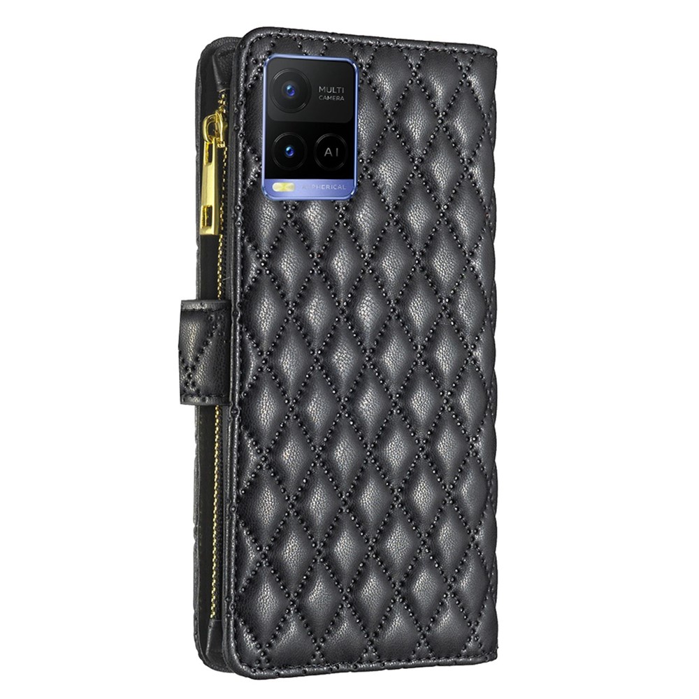 BINFEN COLOR BF Style-15 Phone Cover for vivo Y21 / Y21s / Y33s, Zipper Pocket Design Imprinted Rhombus Pattern Matte Anti-drop Cover PU Leather Wallet Folio Flip Mobile Phone Case - Black-8