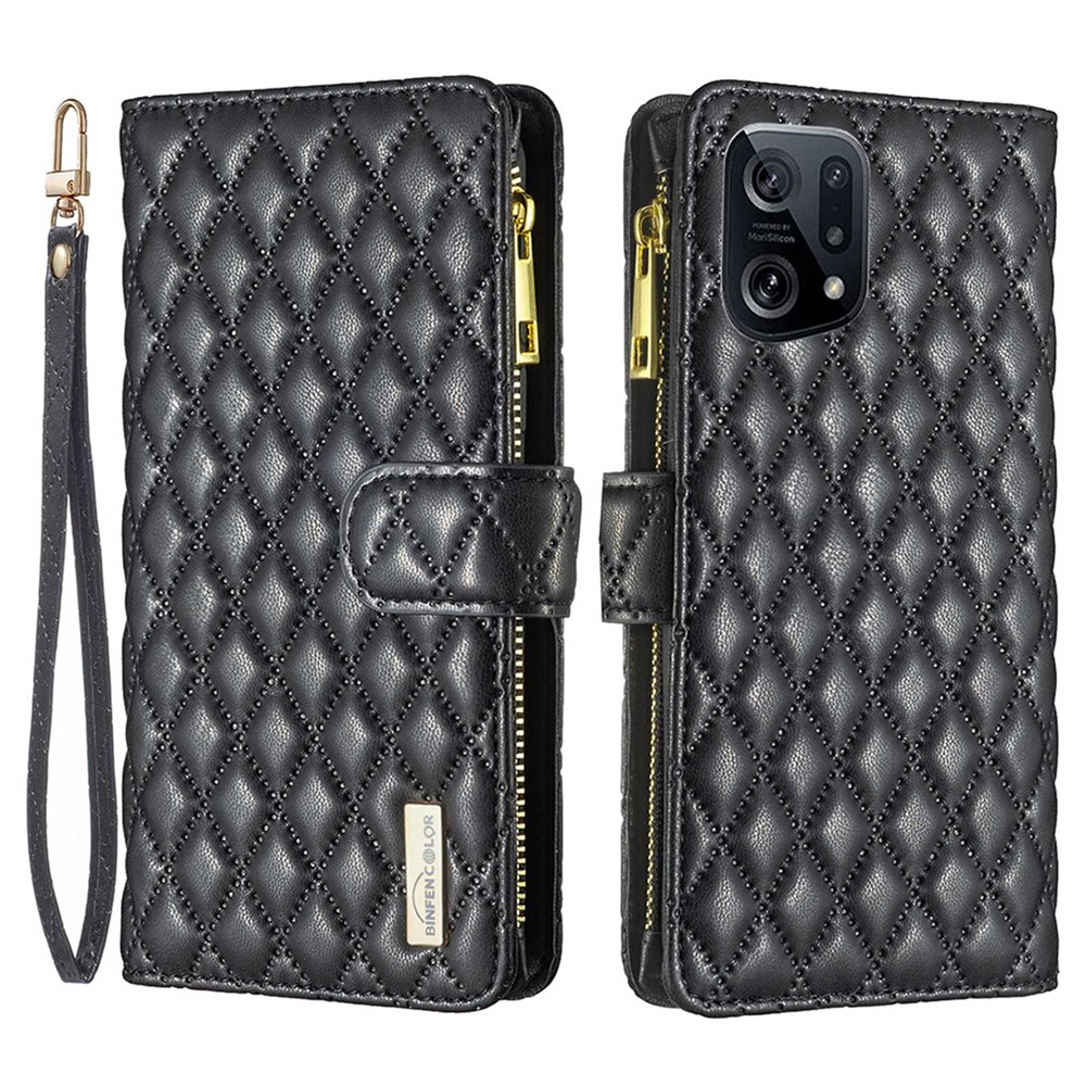 BINFEN COLOR BF Style-15 Zipper Pocket Case for Oppo Find X5, Drop-proof PU Leather Stand Wallet Matte Rhombus Pattern Imprinted Phone Cover - Black-1