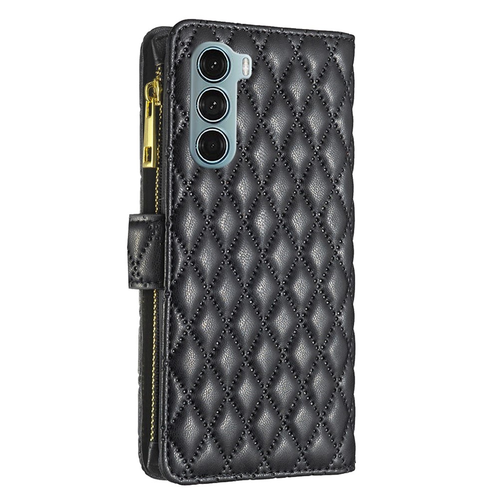 BINFEN COLOR BF Style-15 for Motorola Moto G200 5G / Edge S30 5G Imprinted Rhombus Pattern Matte Wear-resistant Cover PU Leather Wallet Mobile Phone Case with Zipper Pocket - Black-8