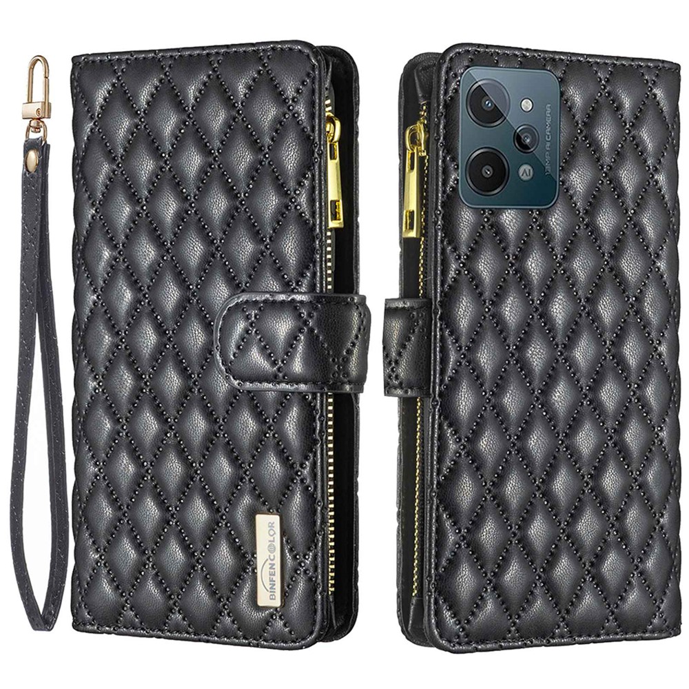 BINFEN COLOR BF Style-15 for Realme C31 4G Matte PU Leather Phone Wallet Case with Zipper Pocket Imprinted Rhombus Pattern Anti-wear Cover - Black-1