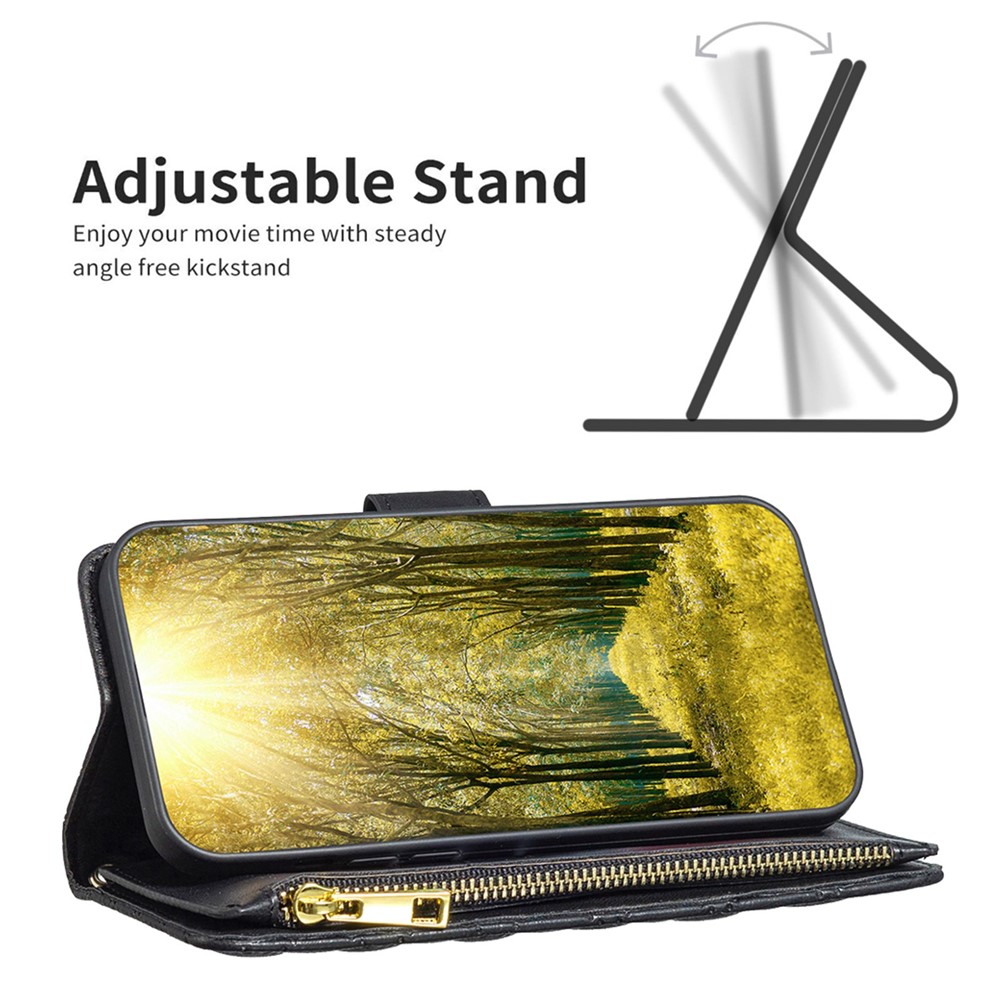 BINFEN COLOR BF Style-15 for Realme C31 4G Matte PU Leather Phone Wallet Case with Zipper Pocket Imprinted Rhombus Pattern Anti-wear Cover - Black-2