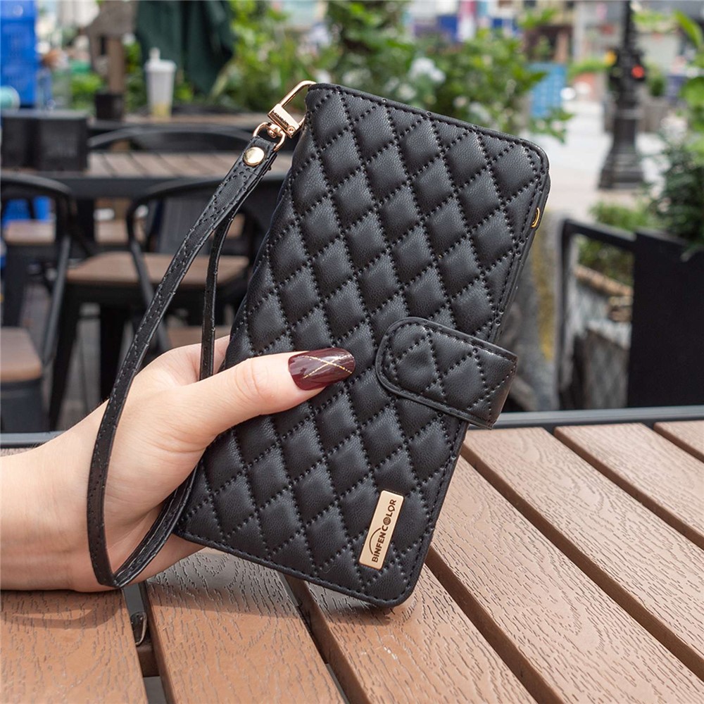 BINFEN COLOR BF Style-15 for Realme C31 4G Matte PU Leather Phone Wallet Case with Zipper Pocket Imprinted Rhombus Pattern Anti-wear Cover - Black-6