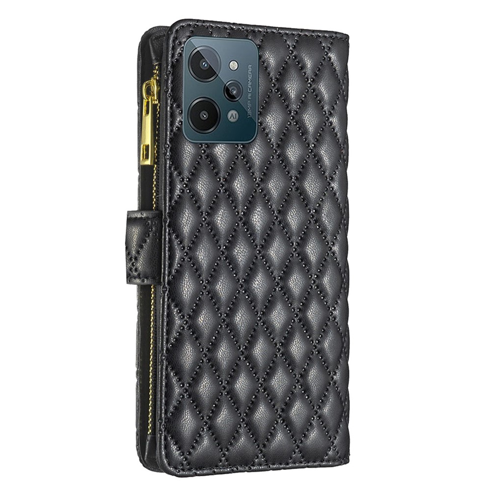 BINFEN COLOR BF Style-15 for Realme C31 4G Matte PU Leather Phone Wallet Case with Zipper Pocket Imprinted Rhombus Pattern Anti-wear Cover - Black-8