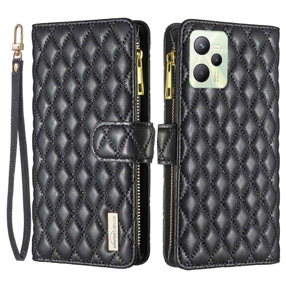 BINFEN COLOR BF Style-15 for Realme C35 4G Well Protection Zipper Pocket PU Leather Wallet Case Anti-fall Phone Cover with Imprinted Rhombus Pattern - Black-1