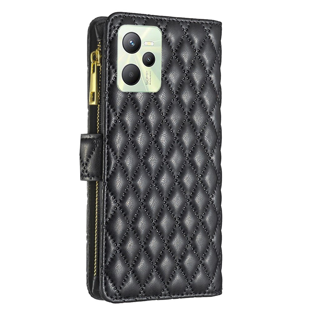 BINFEN COLOR BF Style-15 for Realme C35 4G Well Protection Zipper Pocket PU Leather Wallet Case Anti-fall Phone Cover with Imprinted Rhombus Pattern - Black-8