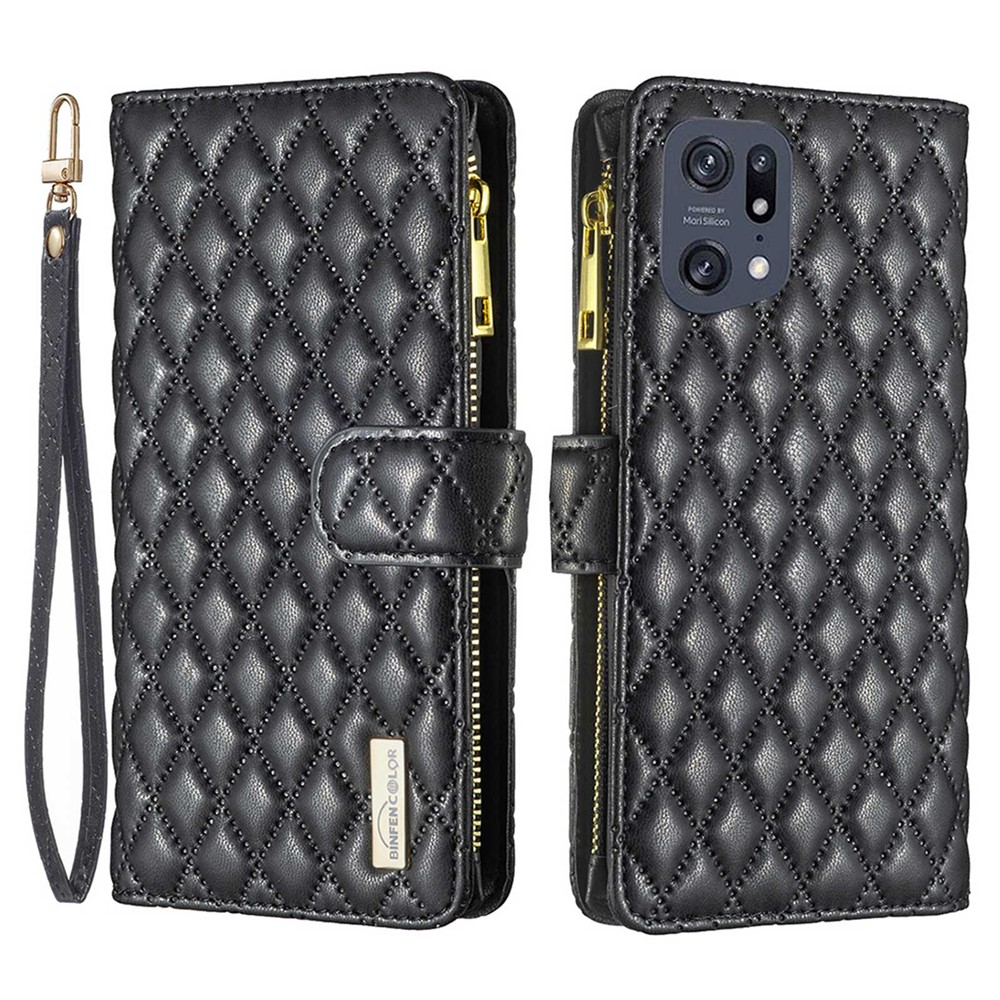 BINFEN COLOR BF Style-15 for Oppo Find X5 Pro 5G Drop-proof Zipper Pocket Protective Cover Imprinted Rhombus Pattern Matte PU Leather Wallet Case with Stand - Black-1