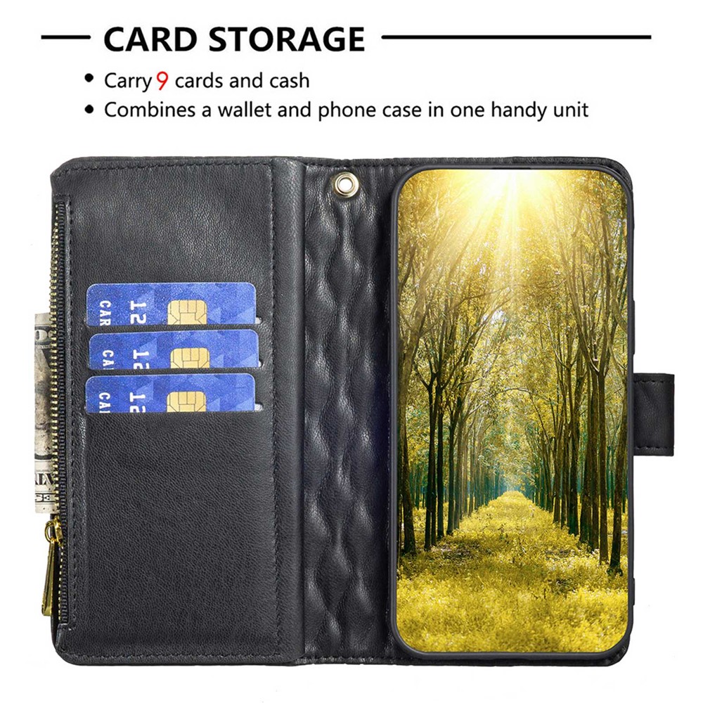 BINFEN COLOR BF Style-15 for Oppo Find X5 Pro 5G Drop-proof Zipper Pocket Protective Cover Imprinted Rhombus Pattern Matte PU Leather Wallet Case with Stand - Black-3