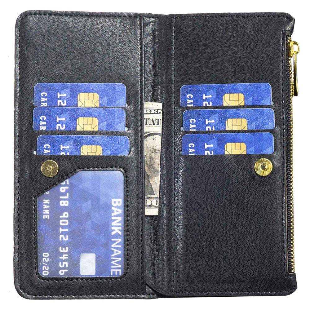 BINFEN COLOR BF Style-15 for Oppo Find X5 Pro 5G Drop-proof Zipper Pocket Protective Cover Imprinted Rhombus Pattern Matte PU Leather Wallet Case with Stand - Black-4