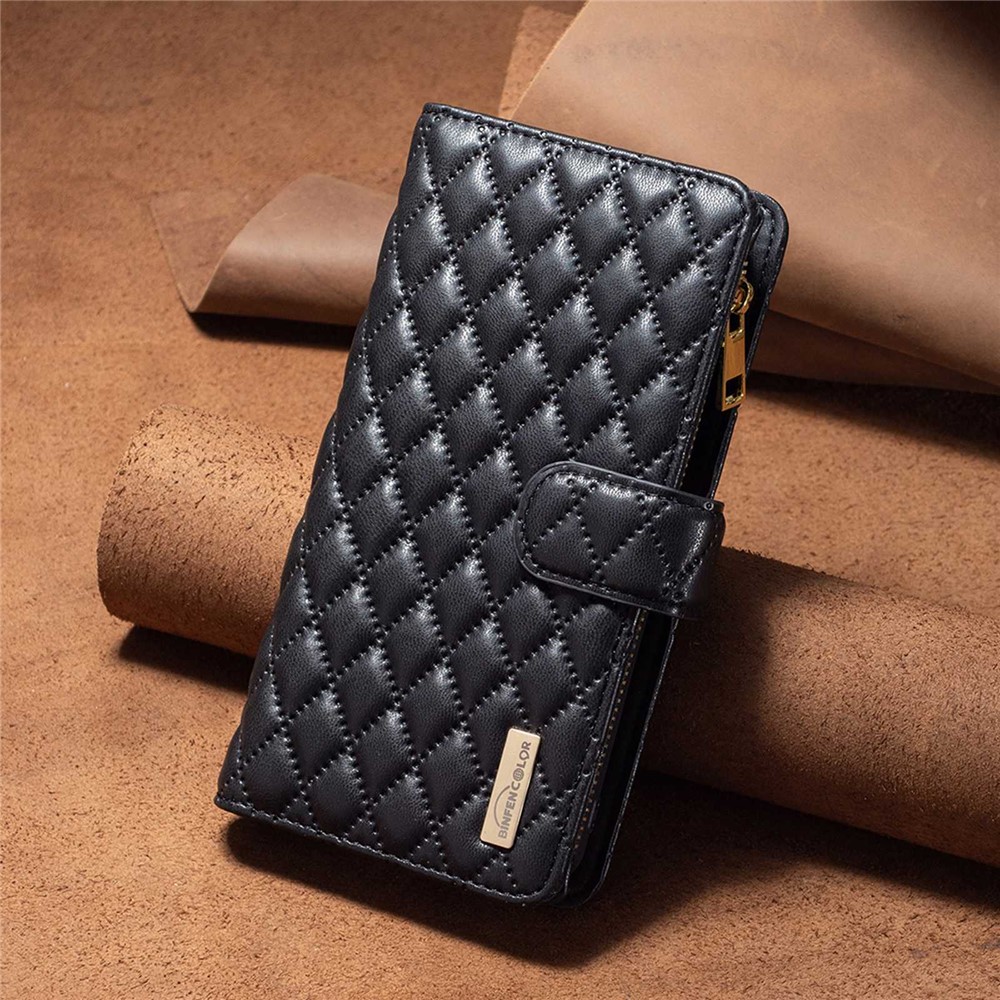 BINFEN COLOR BF Style-15 for Oppo Find X5 Pro 5G Drop-proof Zipper Pocket Protective Cover Imprinted Rhombus Pattern Matte PU Leather Wallet Case with Stand - Black-5