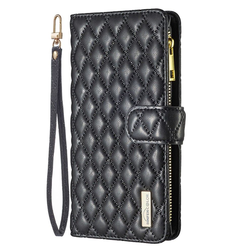 BINFEN COLOR BF Style-15 for Oppo Find X5 Pro 5G Drop-proof Zipper Pocket Protective Cover Imprinted Rhombus Pattern Matte PU Leather Wallet Case with Stand - Black-7