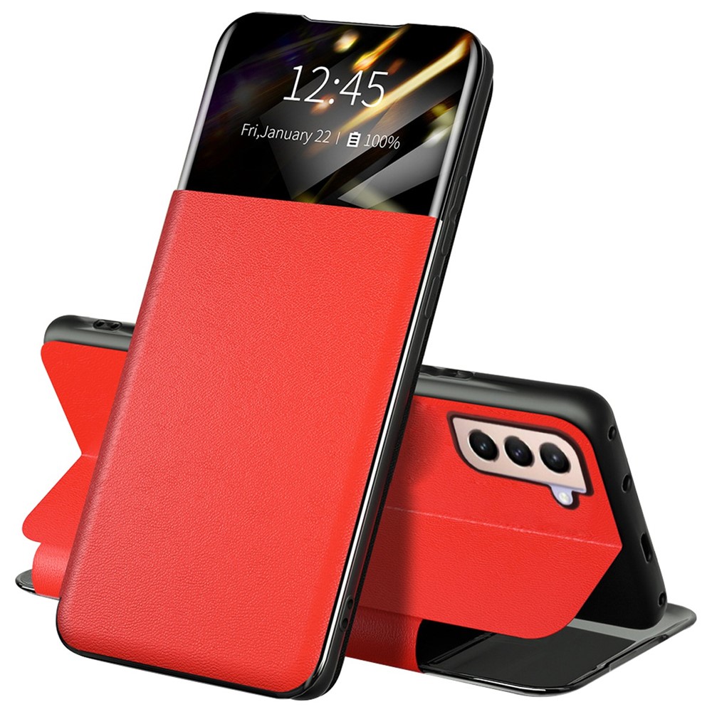 For Samsung Galaxy S21+ 5G View Window PU Leather Case Card Holder Stand Folio Flip Phone Cover - Red-1