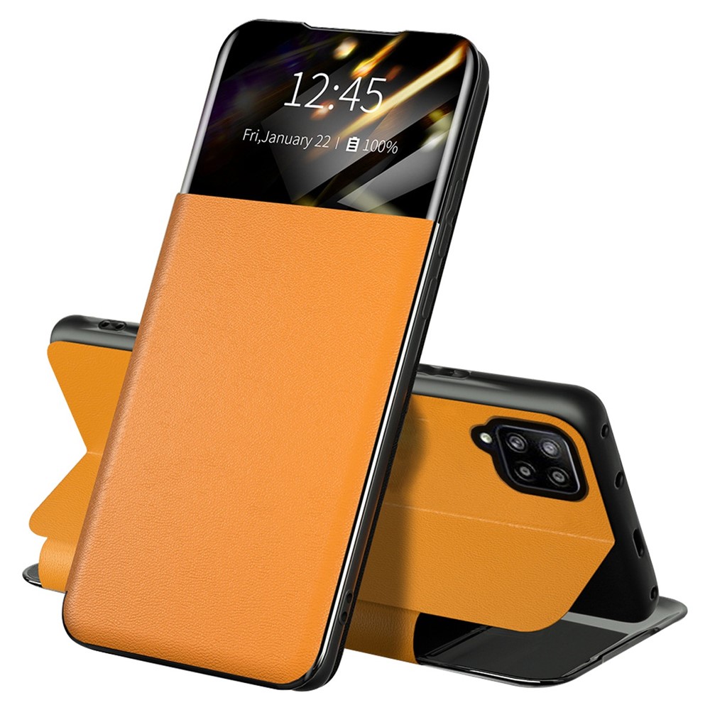 For Samsung Galaxy A42 5G Full Protection Stand Card Slot Phone Case PU Leather Protective Cover with View Window - Yellow
