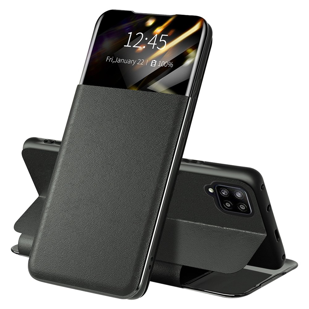For Samsung Galaxy A42 5G Full Protection Stand Card Slot Phone Case PU Leather Protective Cover with View Window - Black