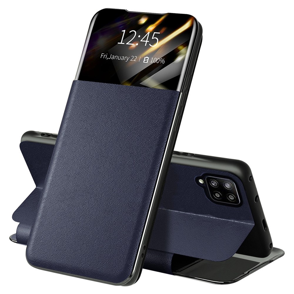 For Samsung Galaxy A42 5G Full Protection Stand Card Slot Phone Case PU Leather Protective Cover with View Window - Blue