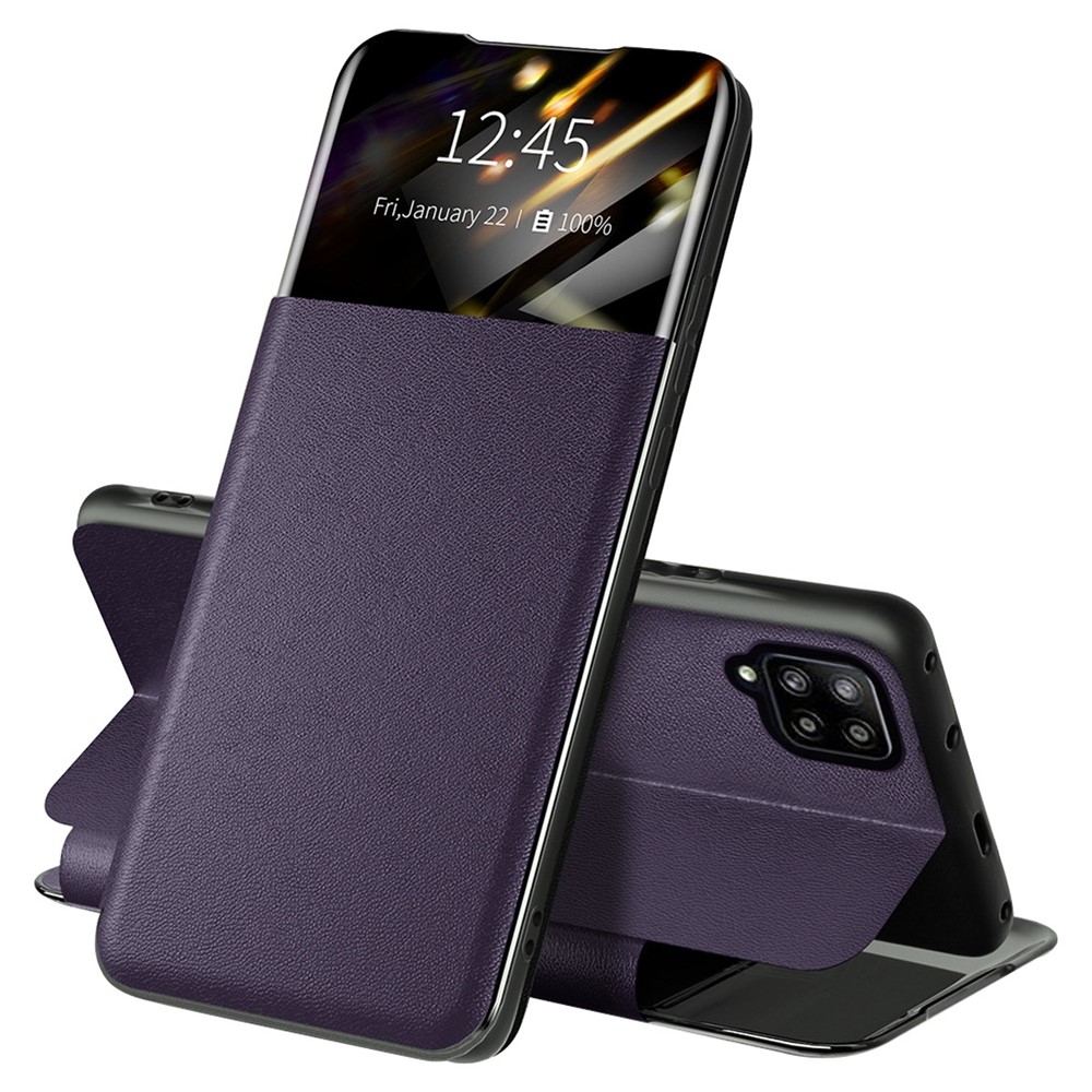 For Samsung Galaxy A42 5G Full Protection Stand Card Slot Phone Case PU Leather Protective Cover with View Window - Purple