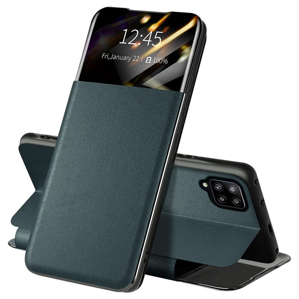 For Samsung Galaxy A42 5G Full Protection Stand Card Slot Phone Case PU Leather Protective Cover with View Window - Blackish Green