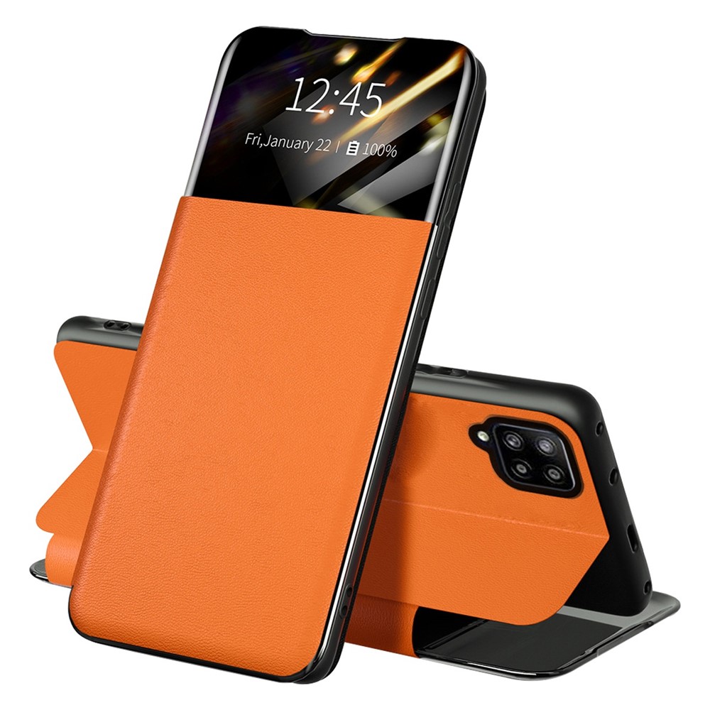 For Samsung Galaxy A42 5G Full Protection Stand Card Slot Phone Case PU Leather Protective Cover with View Window - Orange