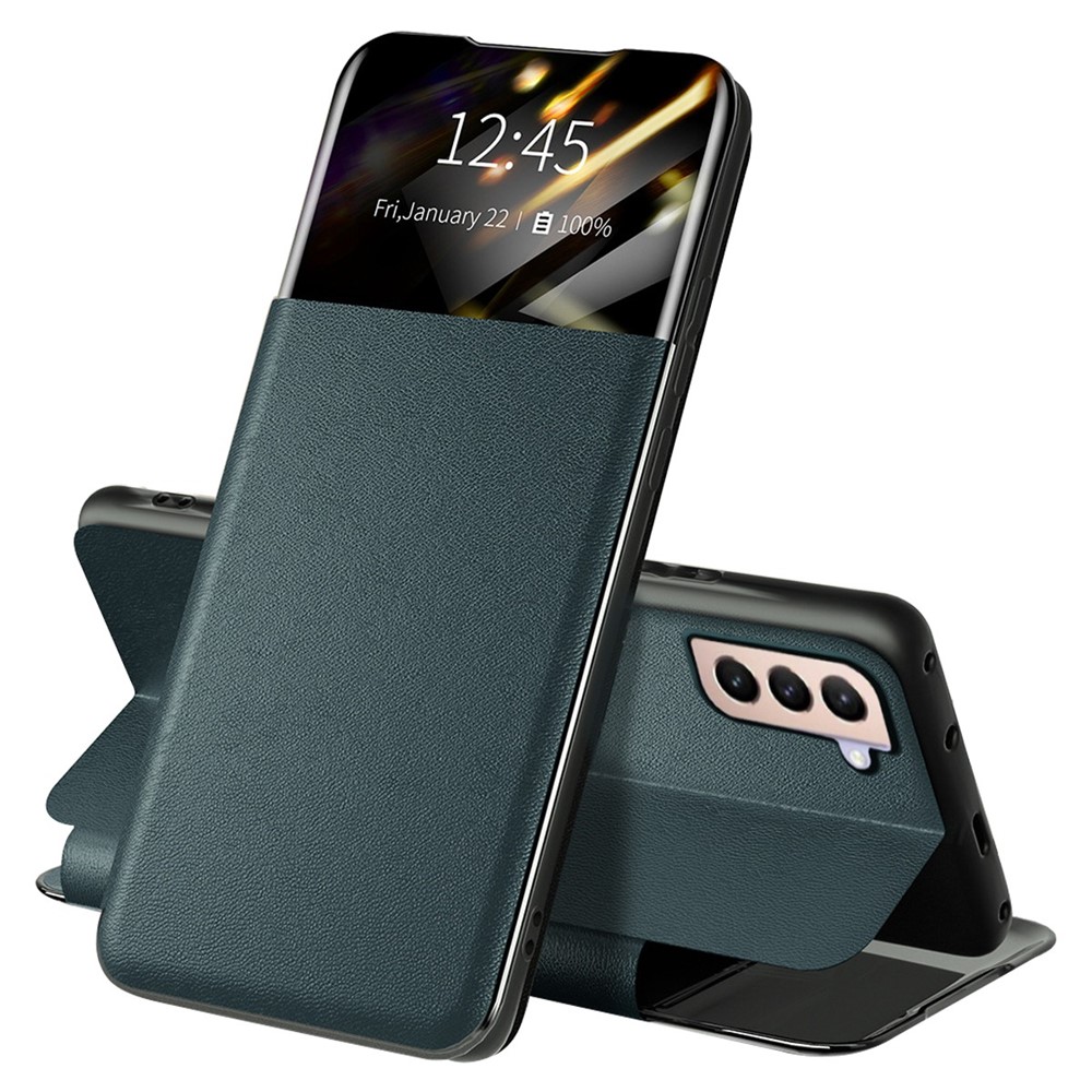 For Samsung Galaxy S22 5G Shockproof Leather Cover Stand Card Slot View Window Phone Case Protector - Blackish Green-1