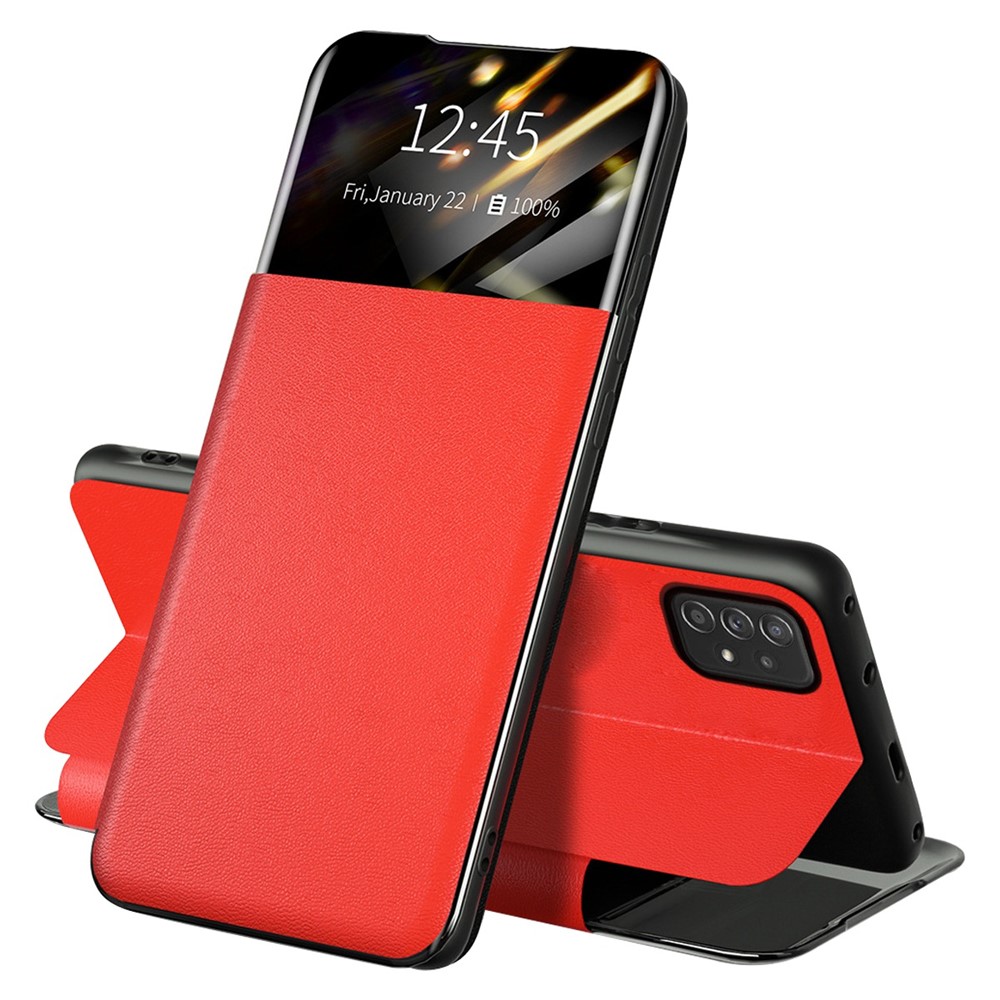 For Samsung Galaxy A72 4G / 5G View Window PU Leather Case Full Protection Card Holder Stand Folio Flip Phone Cover - Red-1