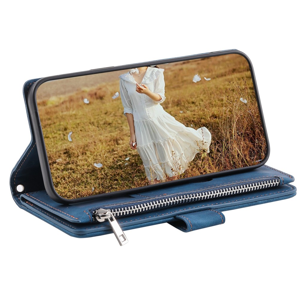 005 Style for Samsung Galaxy S21 FE 5G Rhombus Texture Anti-drop Phone Case PU Leather Zipper Pocket Stand Wallet Cover with Wrist Strap - Blue-3