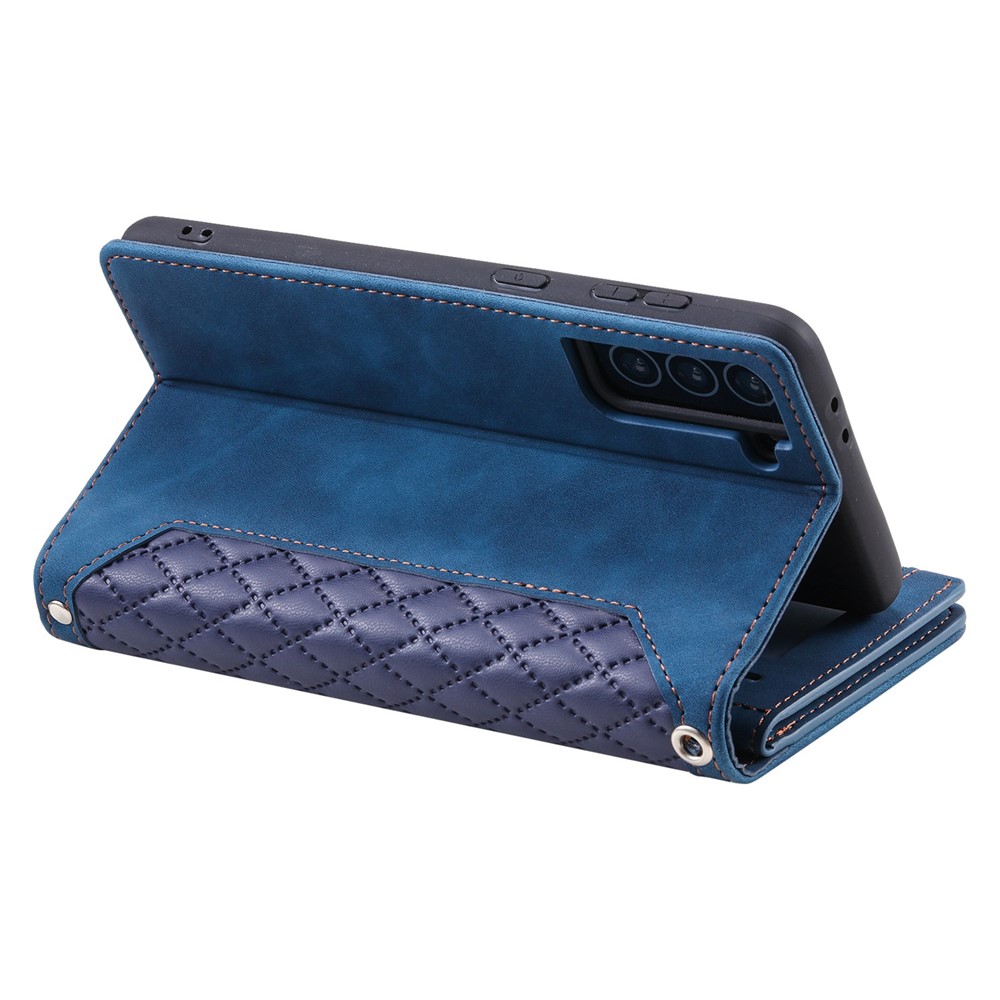 005 Style for Samsung Galaxy S21 FE 5G Rhombus Texture Anti-drop Phone Case PU Leather Zipper Pocket Stand Wallet Cover with Wrist Strap - Blue-4