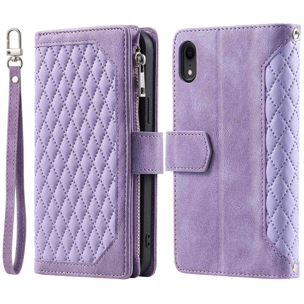 005 Style Zipper Pocket Phone Cover for iPhone XR 6.1 inch, Rhombus Texture Stand Wallet PU Leather Case with Wrist Strap - Purple