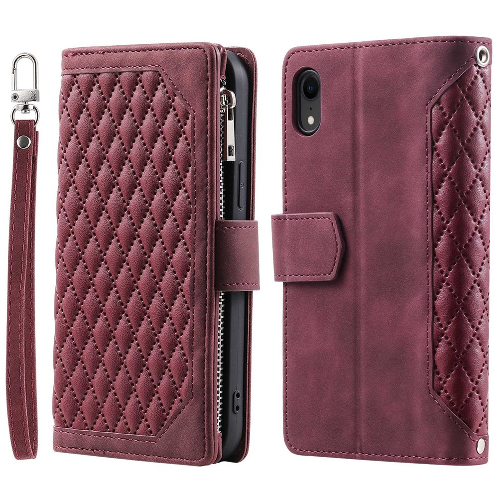 005 Style Zipper Pocket Phone Cover for iPhone XR 6.1 inch, Rhombus Texture Stand Wallet PU Leather Case with Wrist Strap - Wine Red