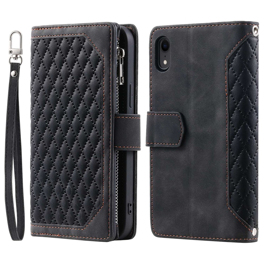 005 Style Zipper Pocket Phone Cover for iPhone XR 6.1 inch, Rhombus Texture Stand Wallet PU Leather Case with Wrist Strap - Black