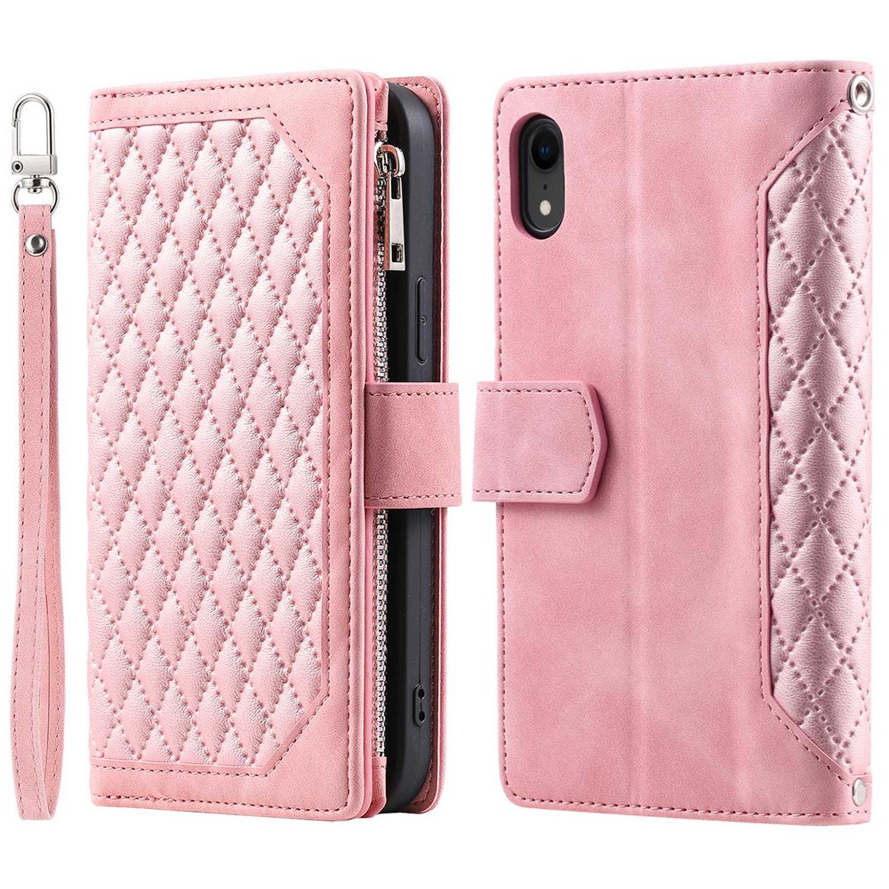 005 Style Zipper Pocket Phone Cover for iPhone XR 6.1 inch, Rhombus Texture Stand Wallet PU Leather Case with Wrist Strap - Rose Gold