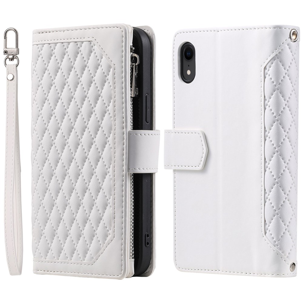 005 Style Zipper Pocket Phone Cover for iPhone XR 6.1 inch, Rhombus Texture Stand Wallet PU Leather Case with Wrist Strap - White